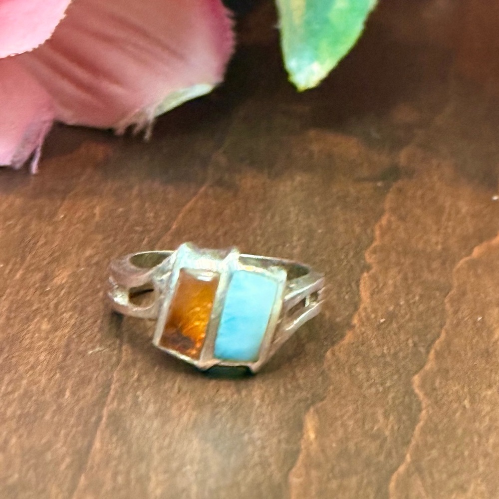 Authentic Dominican Handcrafted Larimar and Amber Ring
